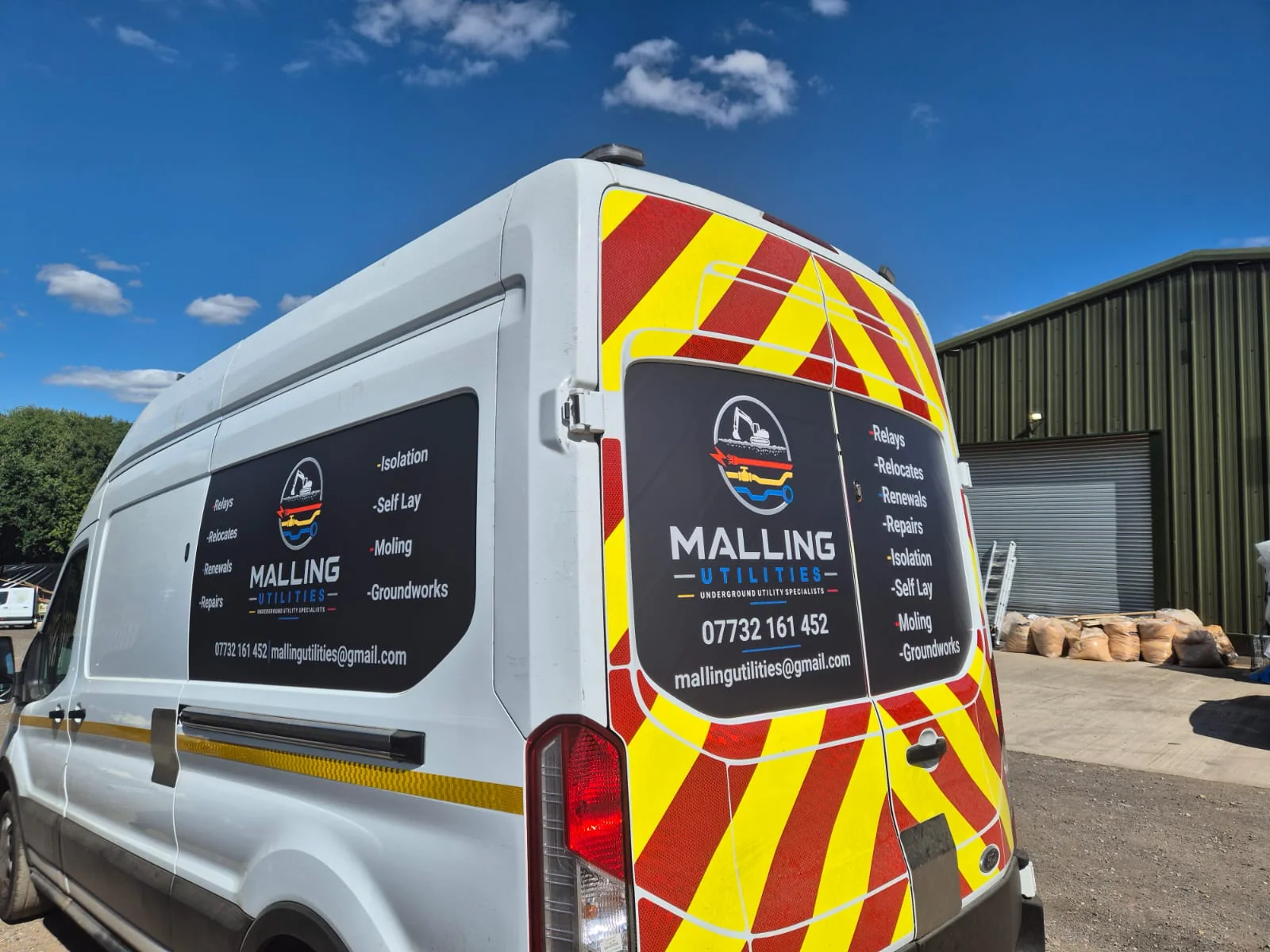 A signwritten Malling Utilities van with Chapter 8 chevrons, listing relays, relocates, renewals, repairs, isolation, self-lay, moling and groundworks A signwritten Malling Utilities van with Chapter 8 chevrons, listing relays, relocates, renewals, repairs, isolation, self-lay, moling and groundworks